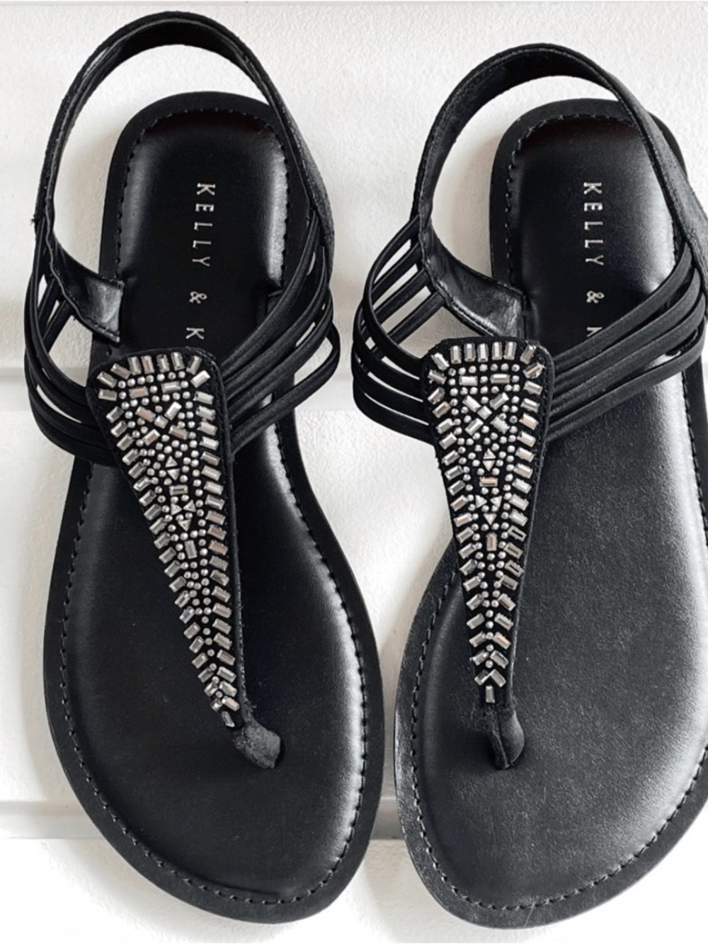 Kelly & Katie Black T-Strap Jeweled Sandals